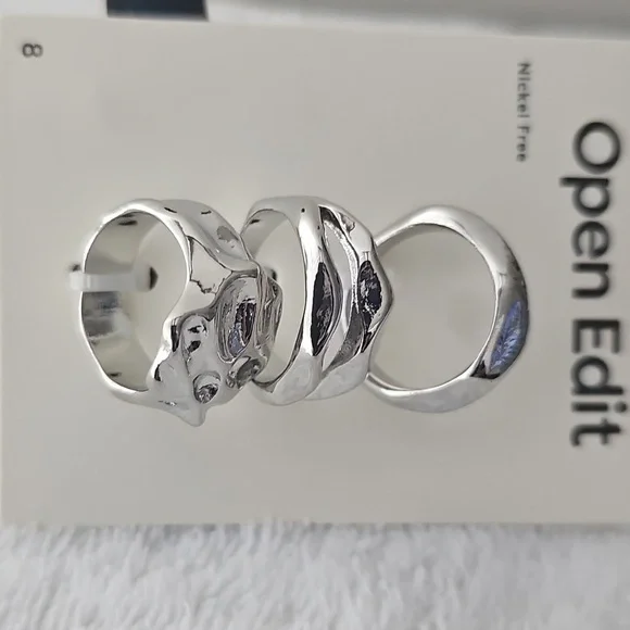 NWT Open Edit Set Of 3 Molten Rhodiun Rings Size 8 Silver - Picture 7 of 12